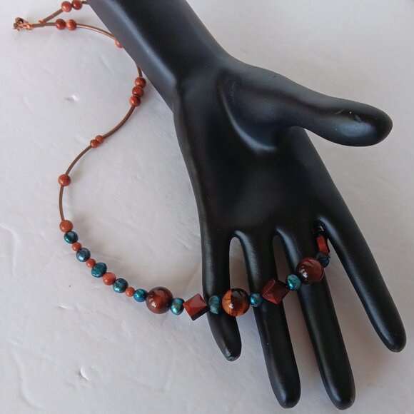 Hand Crafted Beaded Necklace With Blue Baroque Pearls & Brown Stone Beads NWT - Picture 1 of 16